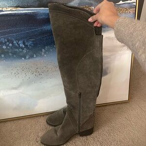 Gray sude above knee boots